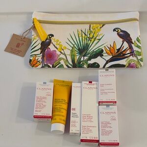 Clarins Skincare Collection with Colorful Tropical Pouch
